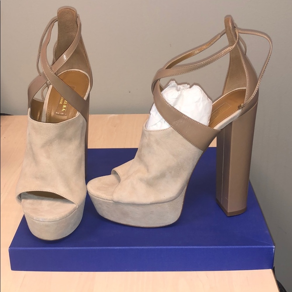 Aquazzura Kats Platform Wedges - Suede Biscotto